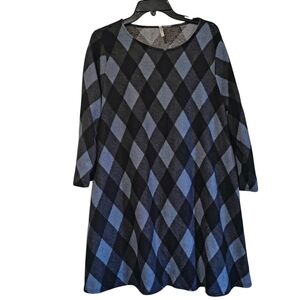 42Pops 1XL 3/4 Sleeve Black and Blue Argyle Plaid A-Line Dress Soft Warm